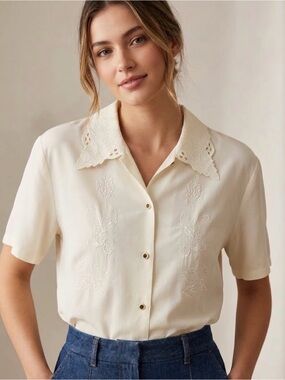 Vintage Cream Embroidered Button-Up Blouse with Lace Collar